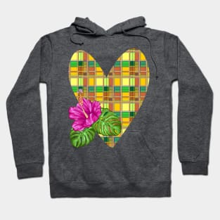 Caribbean Heart and Hibiscus Madras Tartan Fabric Hoodie